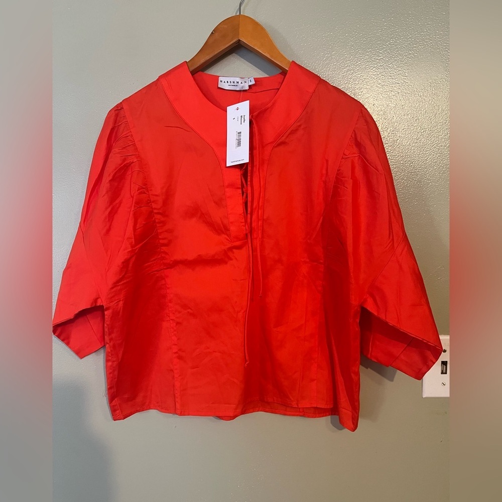 Harshman Joelle Blouse Puff Sleeves Women's Orange Cotton Lightweight S NWT
